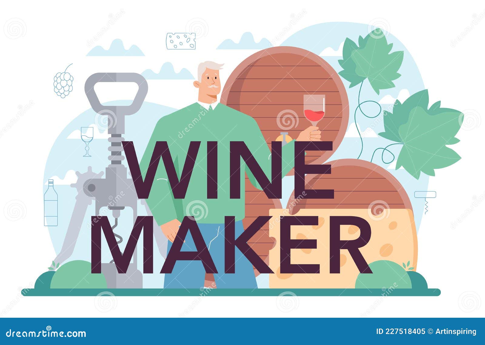 Wine Maker Typographic Header. Grape Wine in a Wood Barrel Stock Vector