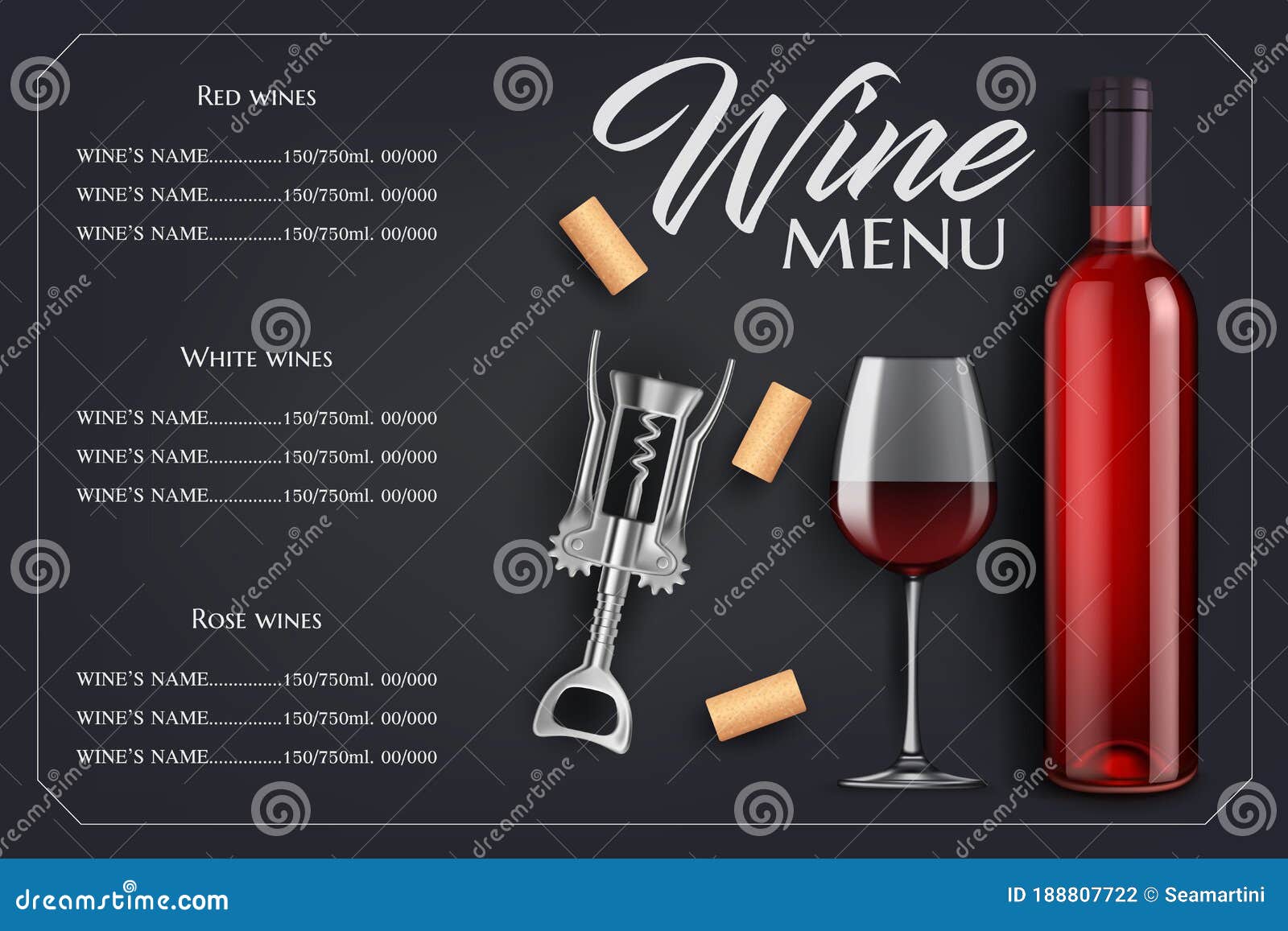 Wine Menu List Vector Template with Bottle, Glass Stock Vector Throughout Free Wine Menu Template