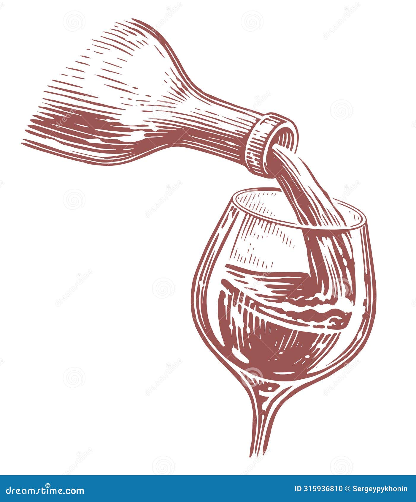 wine pouring from bottle into glass, wineglass. hand drawn sketch  