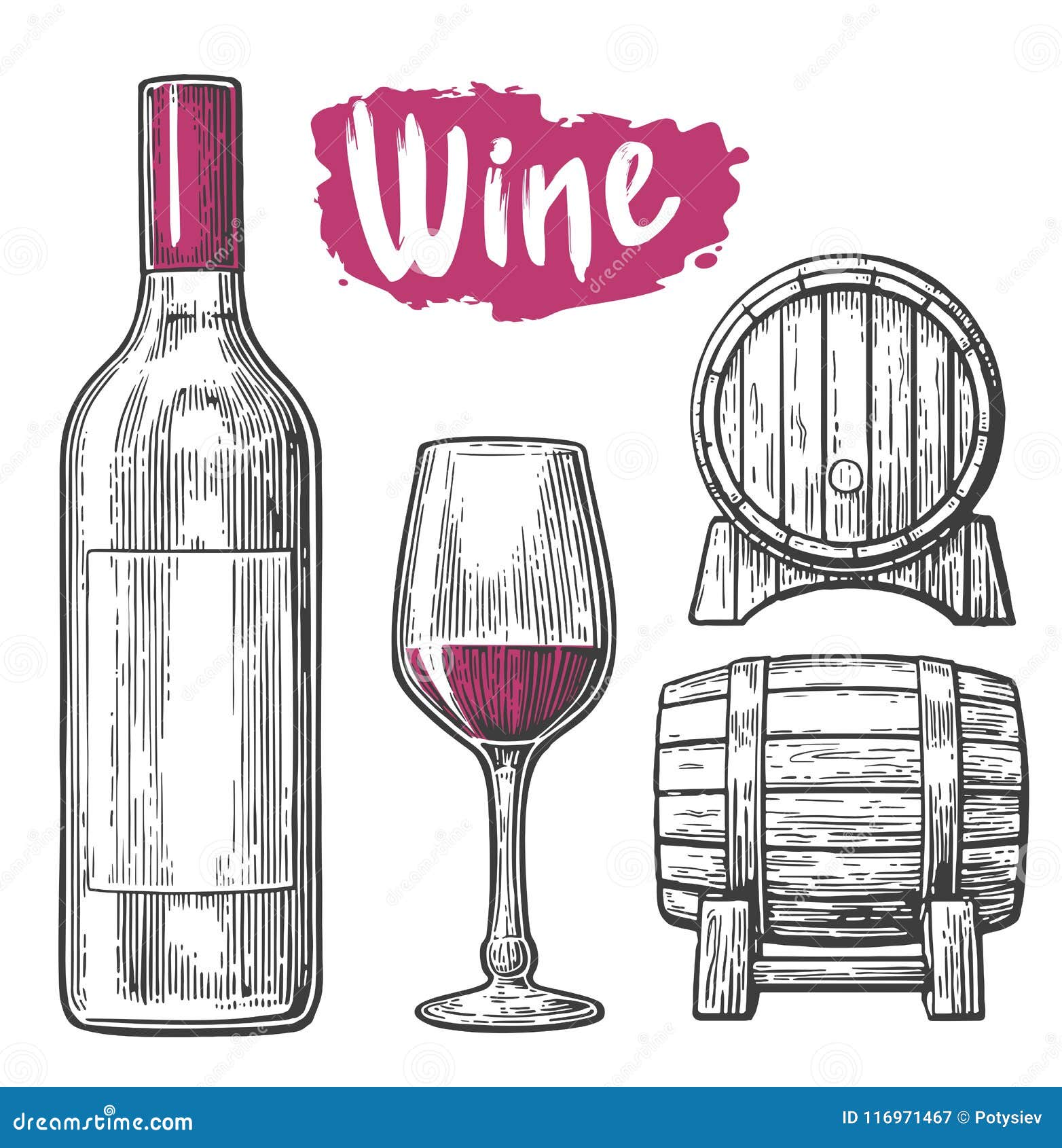 Download Wine Set. Bottle, Glass, Corkscrew, Barrel. Black Vintage Engraved Vector Illustration Isolated ...