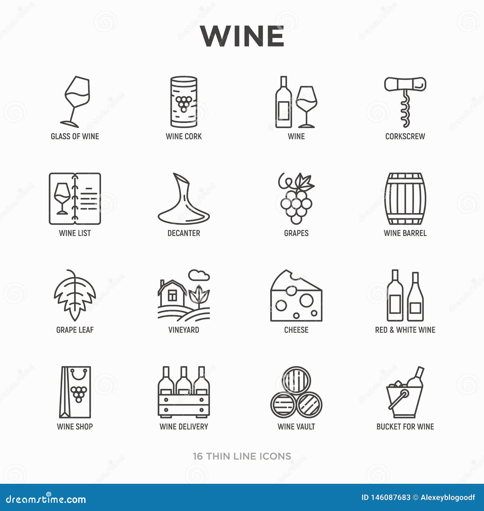 Wine Thin Line Icons Set: Corkscrew, Wine Glass, Cork, Grapes, Barrel ...