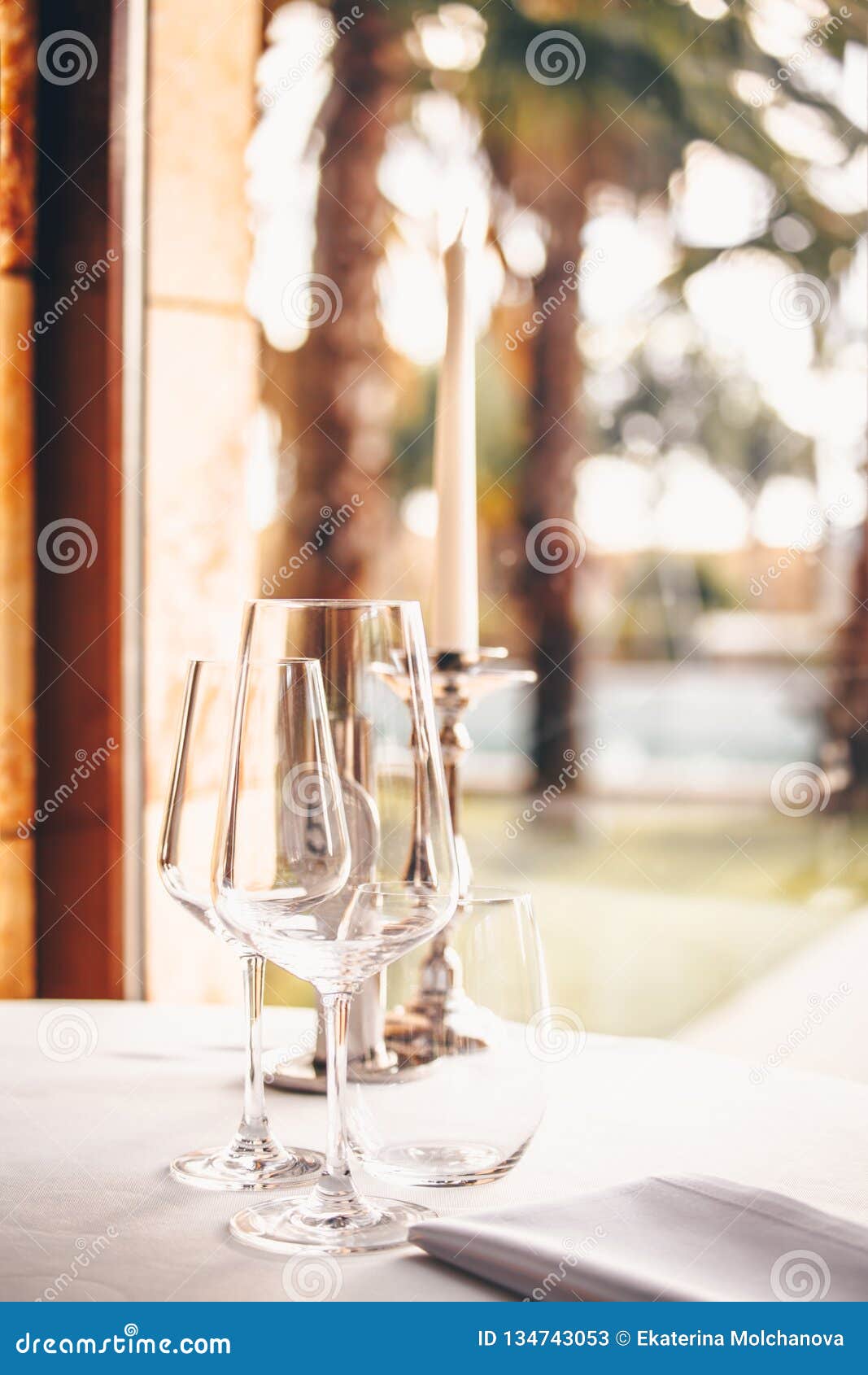 Wine and Water Glasses at the Restaurant Table. Upscale Restaurant