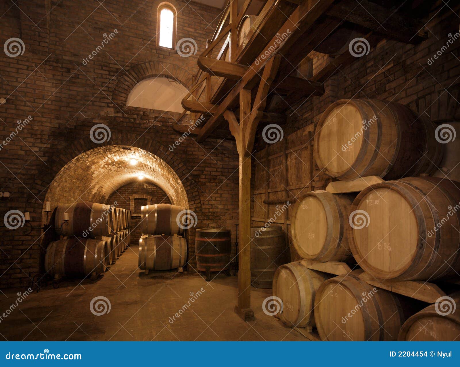 Winecellar. Wijnvatten die in de oude kelder van de druivenkas worden gestapeld.