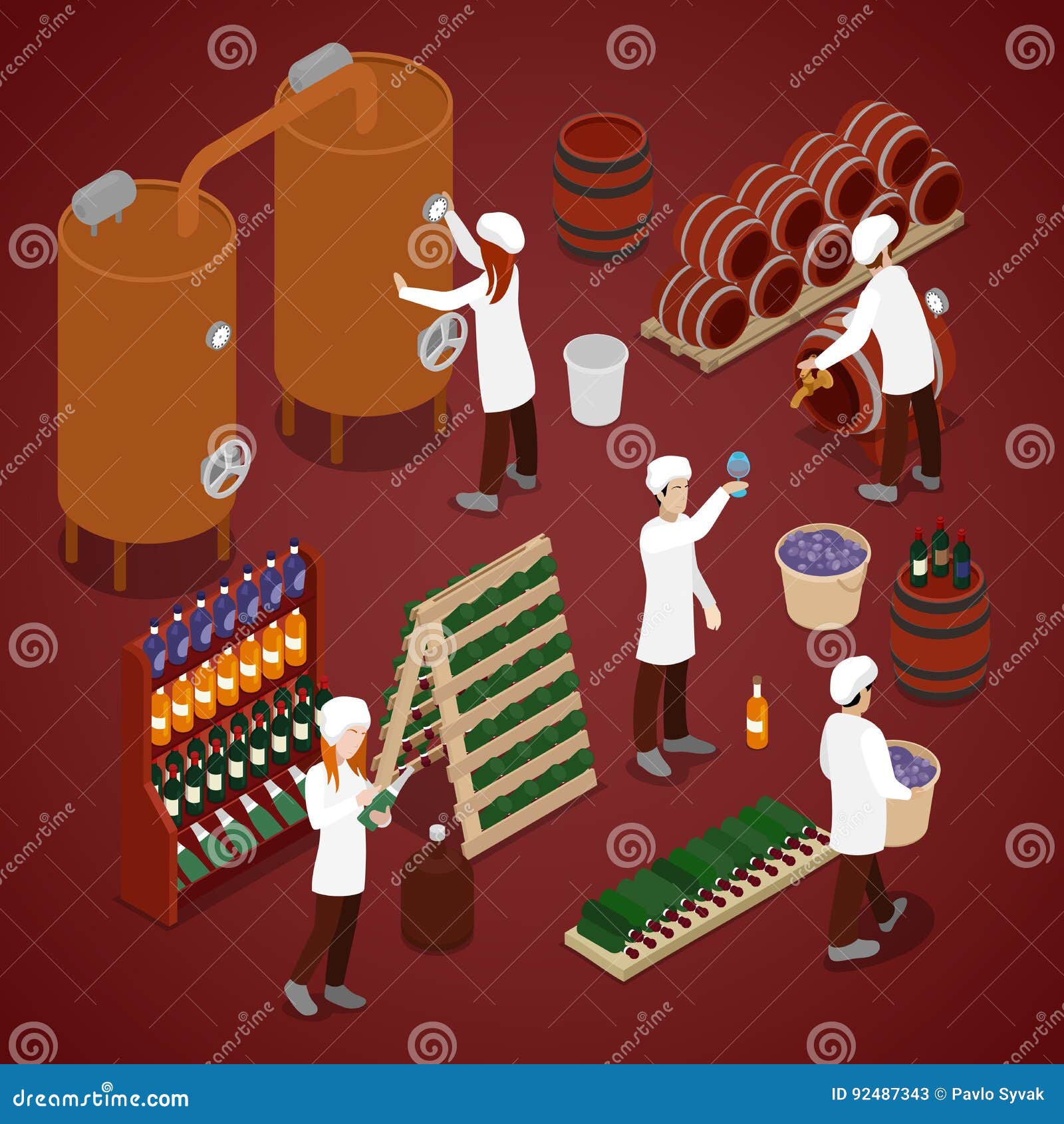 Winery Factory. Wine Production Line. Isometric Flat 3d Illustration