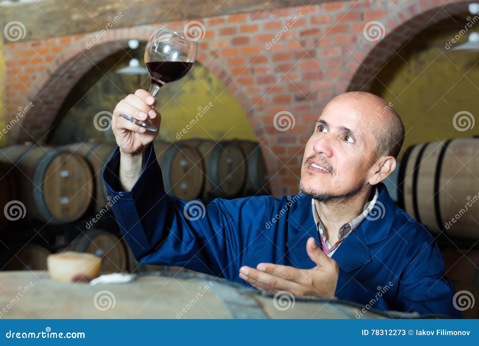 Winery Worker with Glass of Wine in Cellar Stock Image Image of