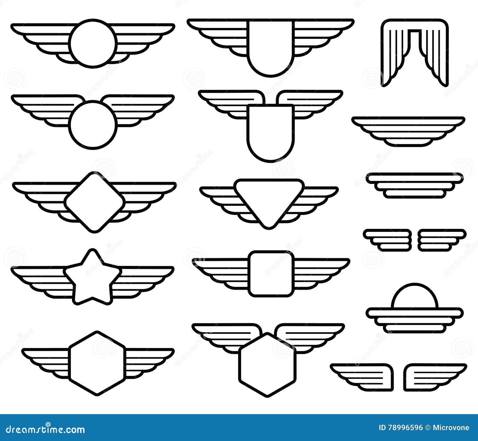 wing army emblems, aviation badges, pilot labels line  set
