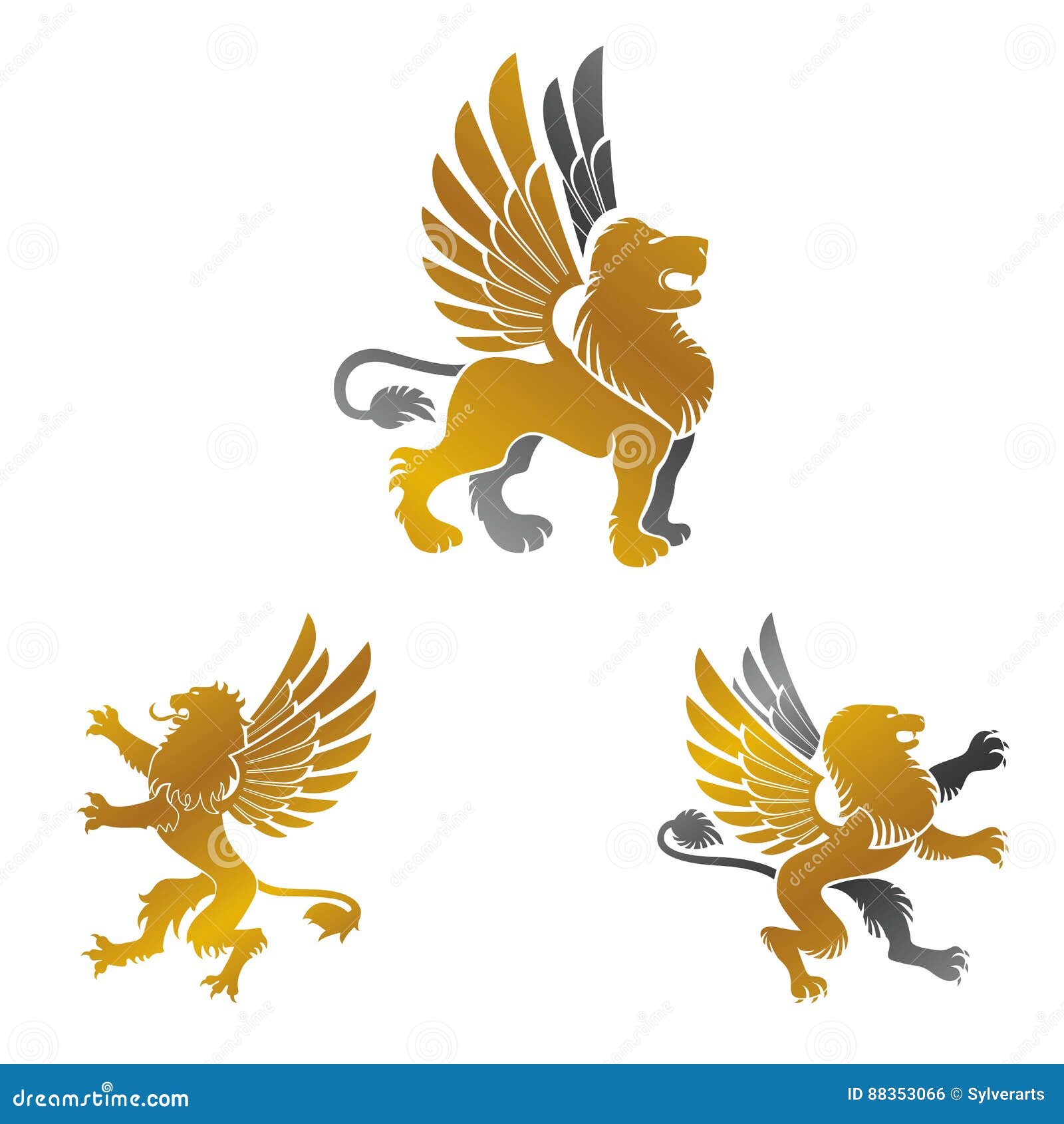 Winged Lion Ancient Emblems Elements Set. Heraldic Vector Design Stock