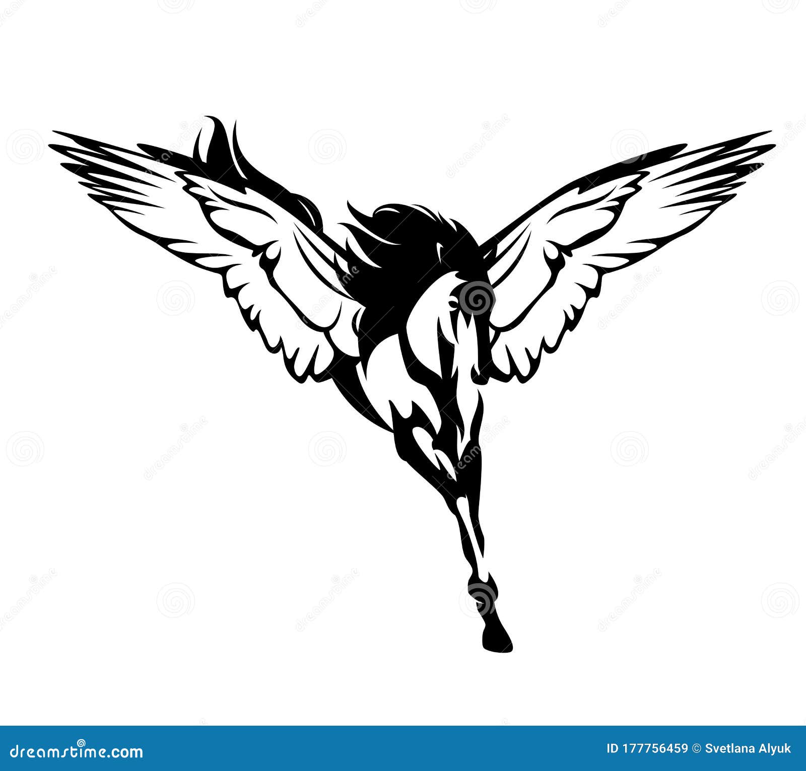 winged pegasus horse flying forward black and white  outline