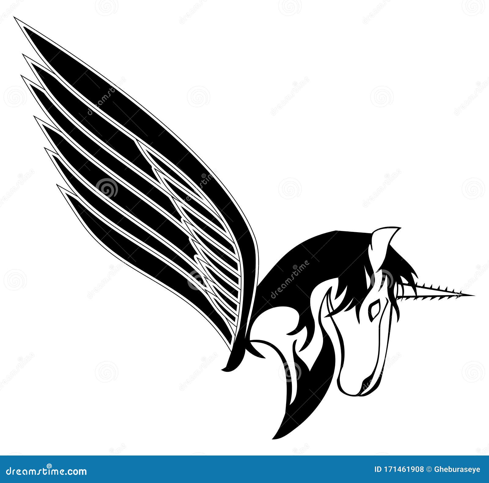 Winged Unicorn Stylized Black And White Isolated Stock Illustration
