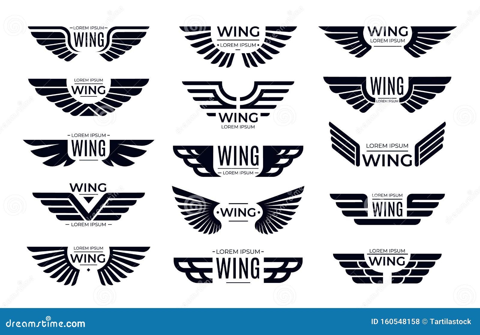 wings badges. flying emblem, eagle bird wing and winged frame  set