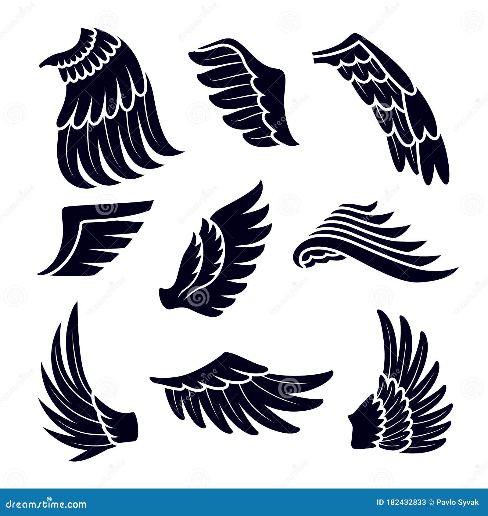 Wings Black Silhouettes Icons Set Isolated on White Background. Birds or  Angel Emblem Design Elements Stock Vector - Illustration of background,  object: 182432833