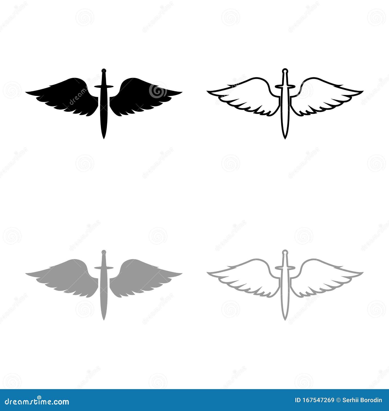 wings and sword  cadets winged blade weapon medieval age warrior insignia blazon bravery concept icon outline set black