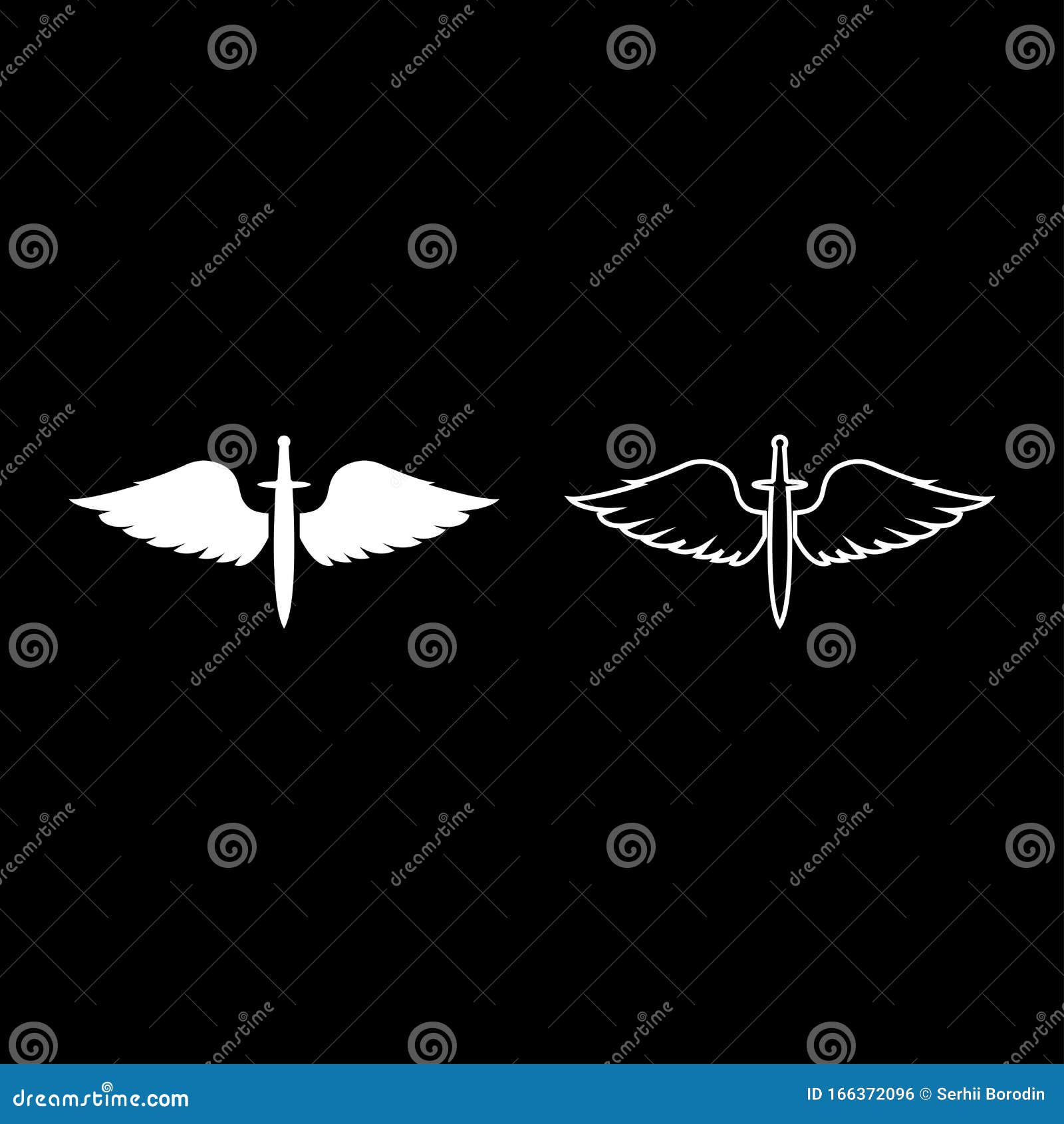 wings and sword  cadets winged blade weapon medieval age warrior insignia blazon bravery concept icon outline set white