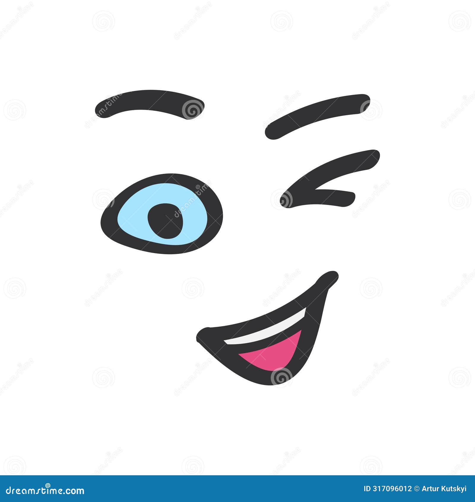wink of cute face in doodle style, happy smile and joke of character