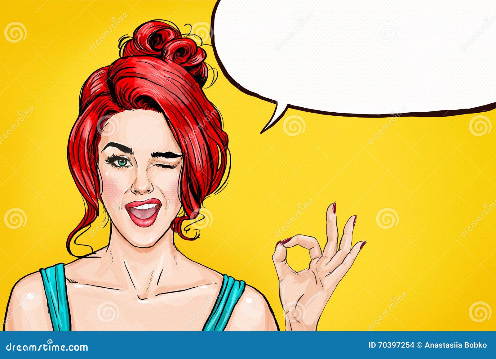 winking girl is showing ok sign with speech bubble. pop art girl. party invitation. birthday greeting card. hollywood movie star.