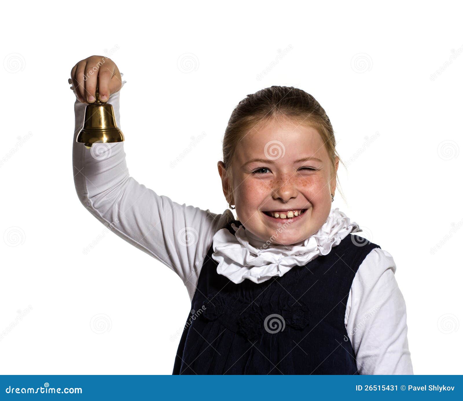 Winking School Girl Ringing a Golden Bell Stock Image Image of finish