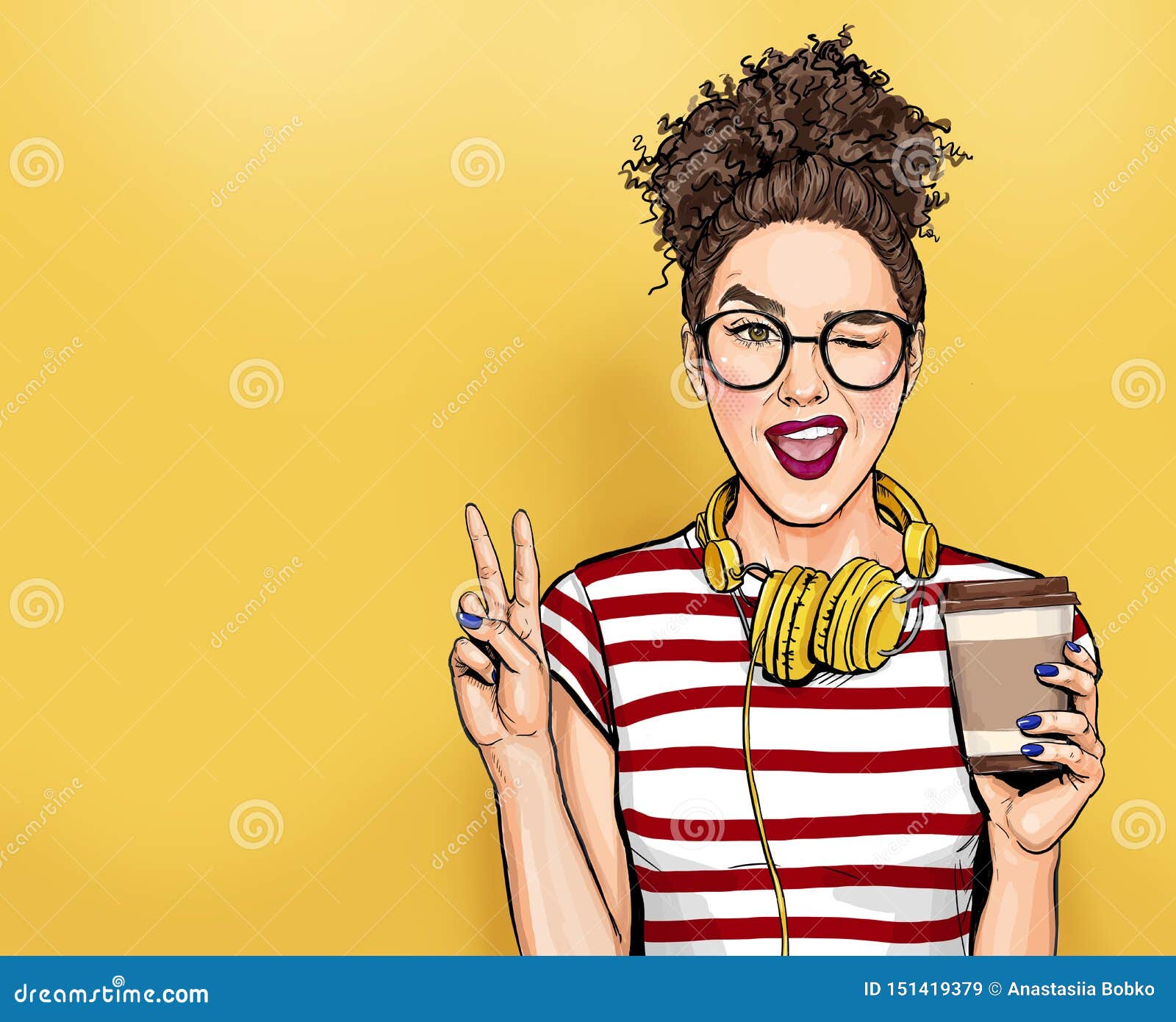 winking woman in glasses with head phones makes peace gesture  pop art girl holding coffee cup.