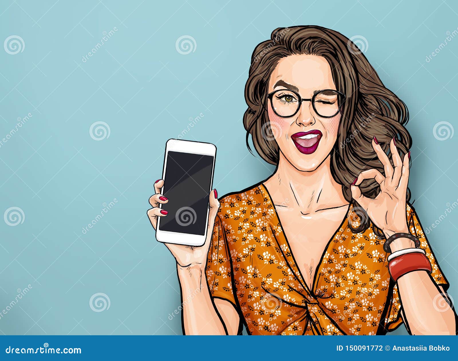 winking woman in glasses showing smart pone and ok sign. pop art girl holding phone. digital advertisement female model