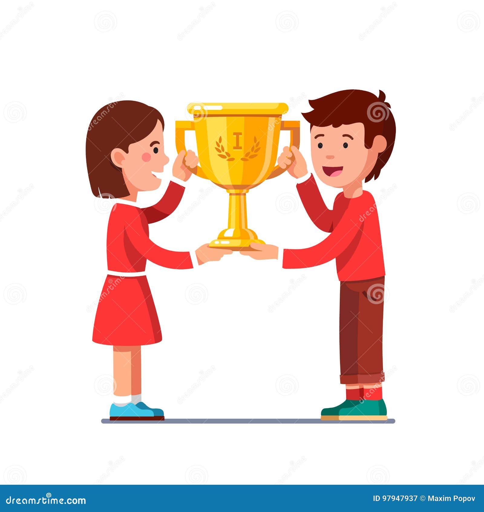 Champion Children Tennis Players At The Tennis Court Holding A Trophy ...