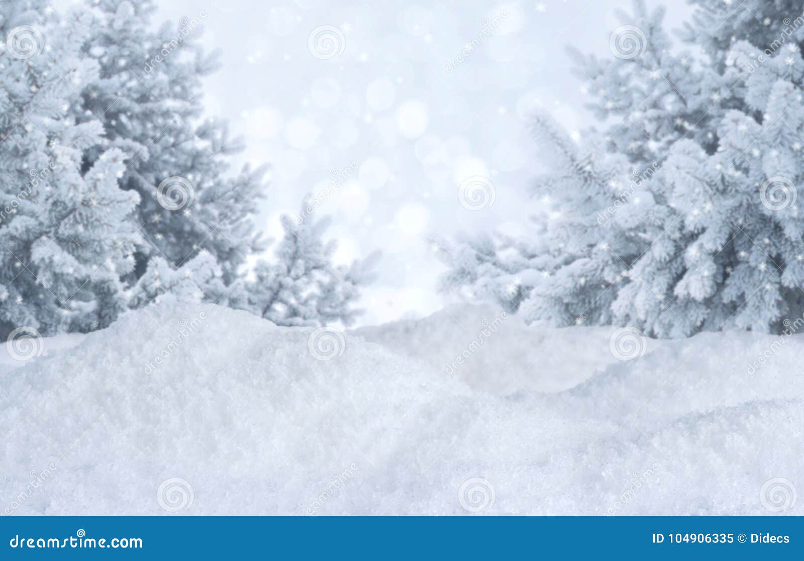winter abstract blurred background. frosty landscape with pines and snowdrifts