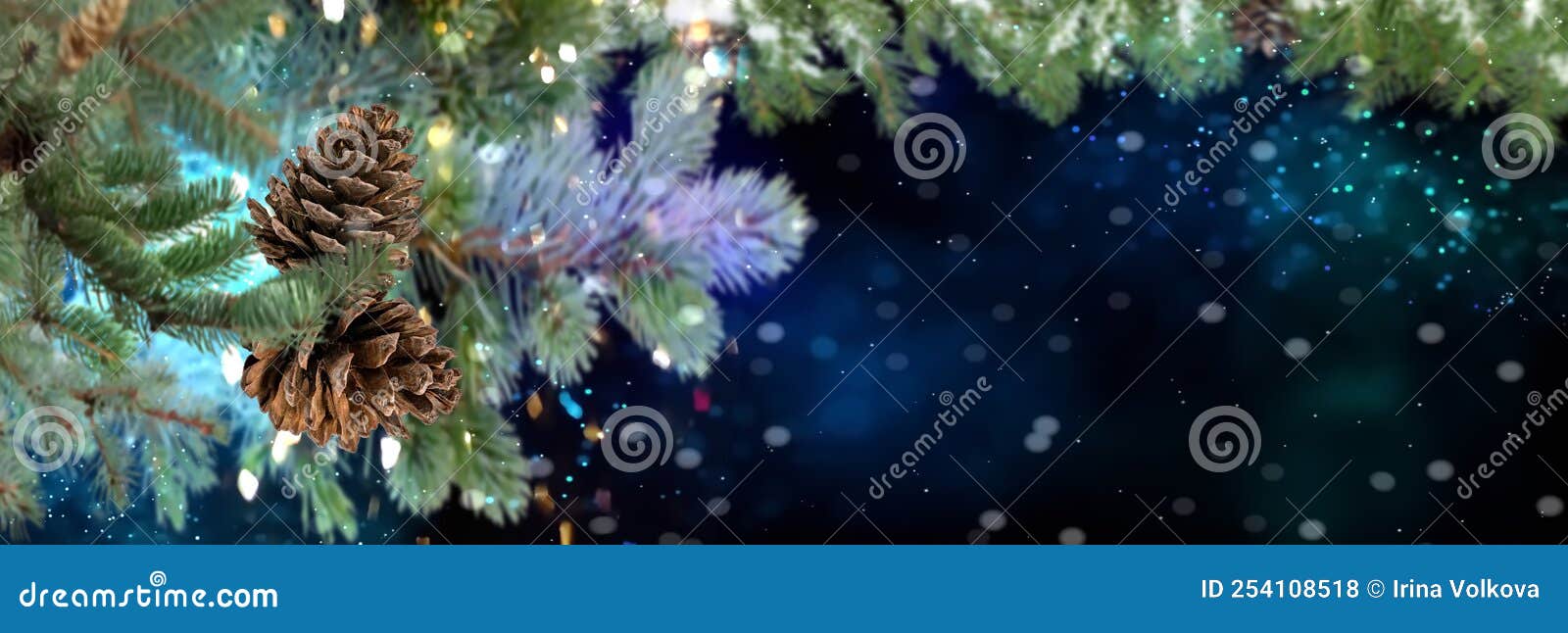 winter  banner christmas green  tree  and pine cone festive snowy blurred  bokeh light and  gold  confetti bakcground templat