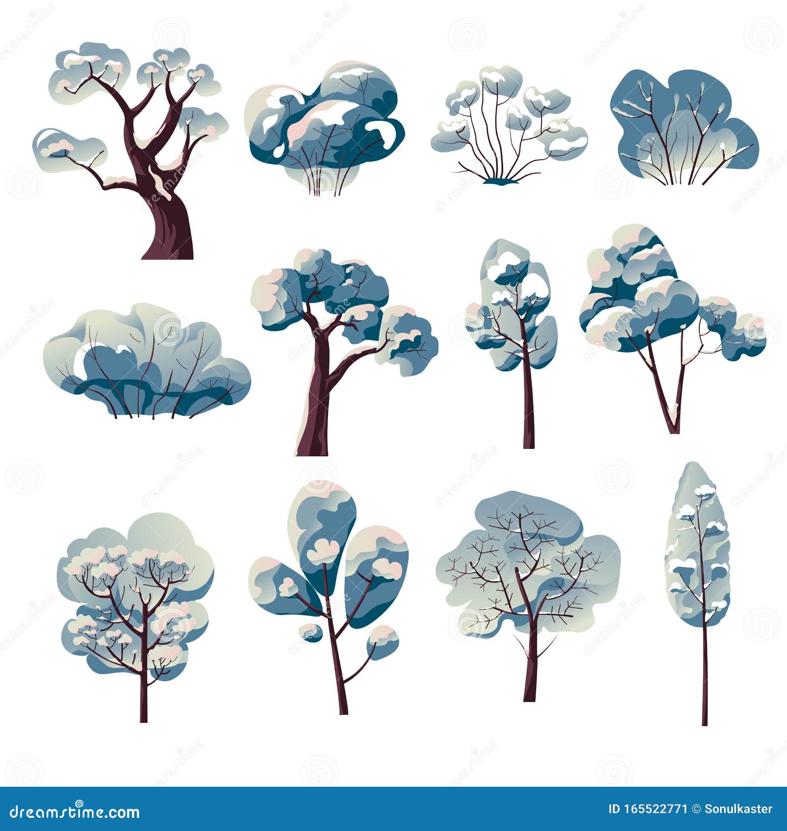 Winter Bare Tree Watercolor Paintings Isolated Icons Stock ...
