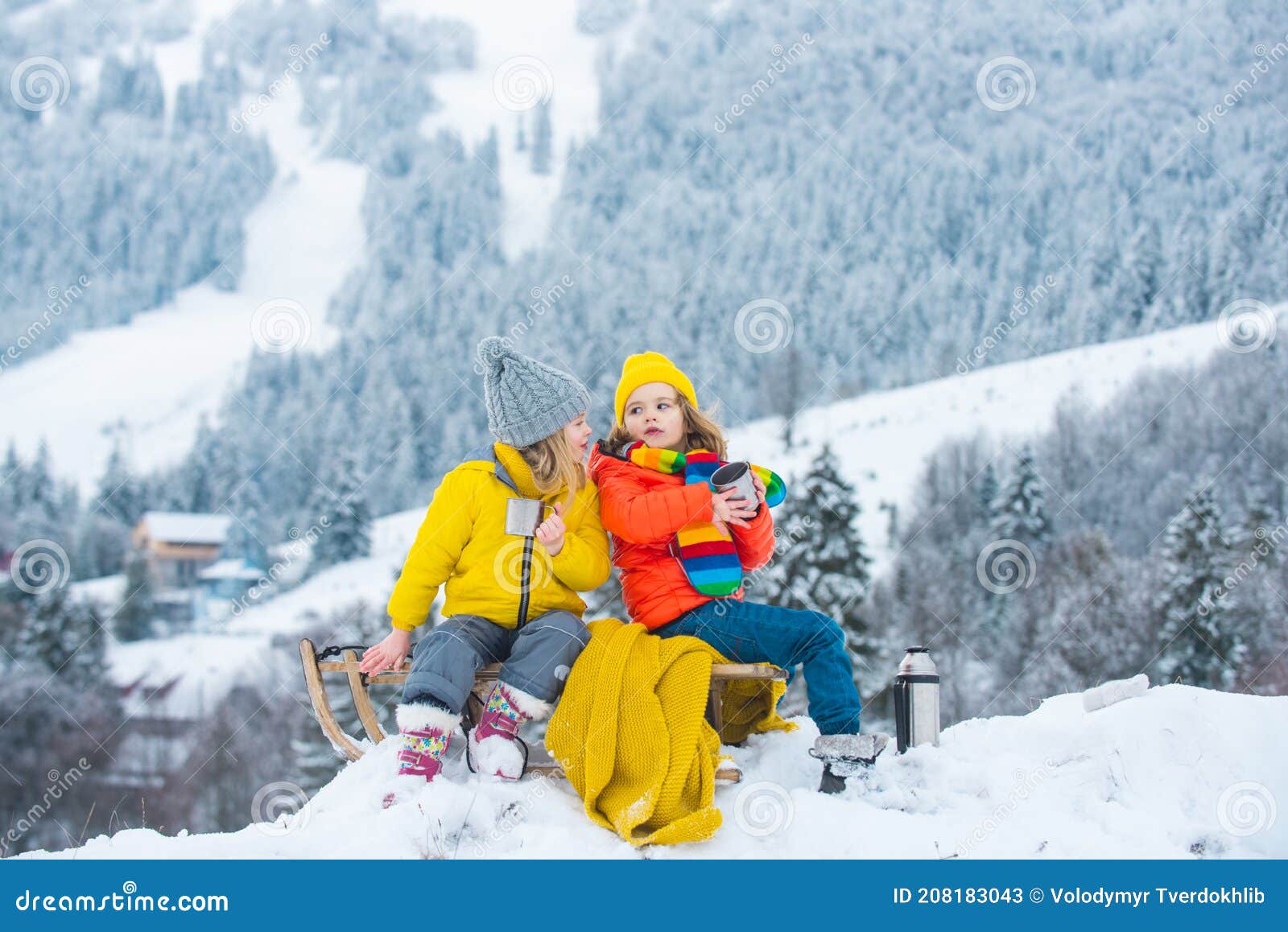 Winter Camp Picnic for Children. Funny Little Boy and Girl in ...