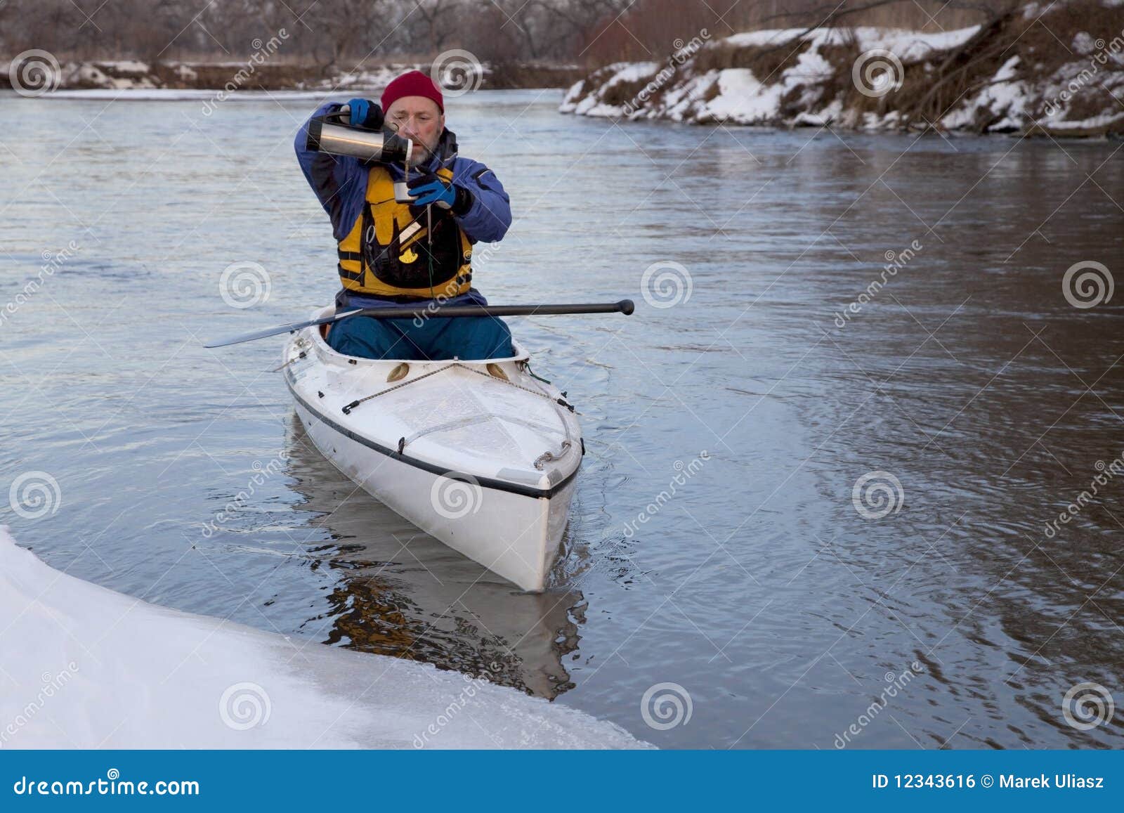 Winter Canoe Break for Hot Tea Stock Photo Image of snow, thermos 12343616