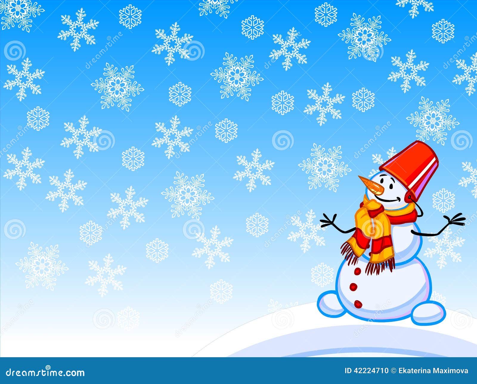 The Winter Cartoon Illustration Of A Snowman With Snowflakes. Stock