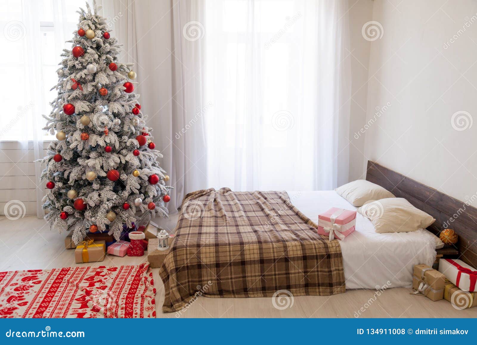 Winter Christmas Background Bed Bedroom Tree Holiday Gifts New Year ...