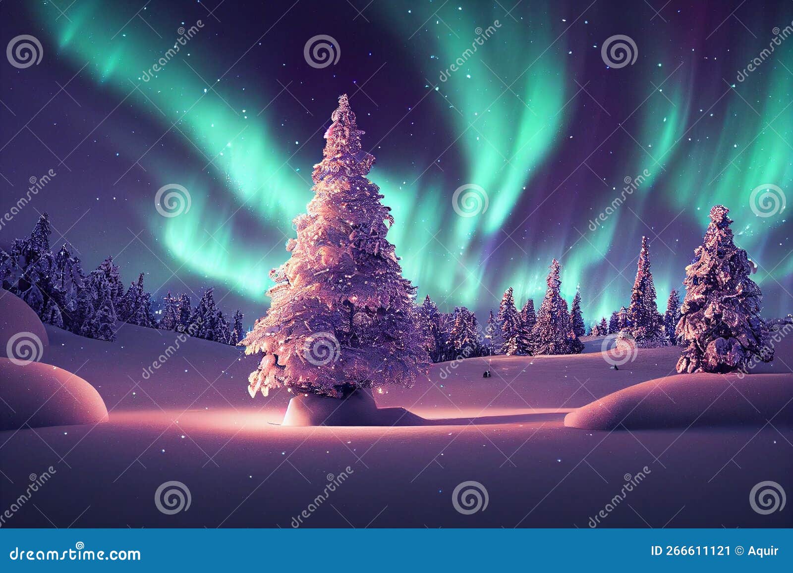 Winter Christmas Landscape. Magical Fairy Light. Christmas Tree. Winter ...