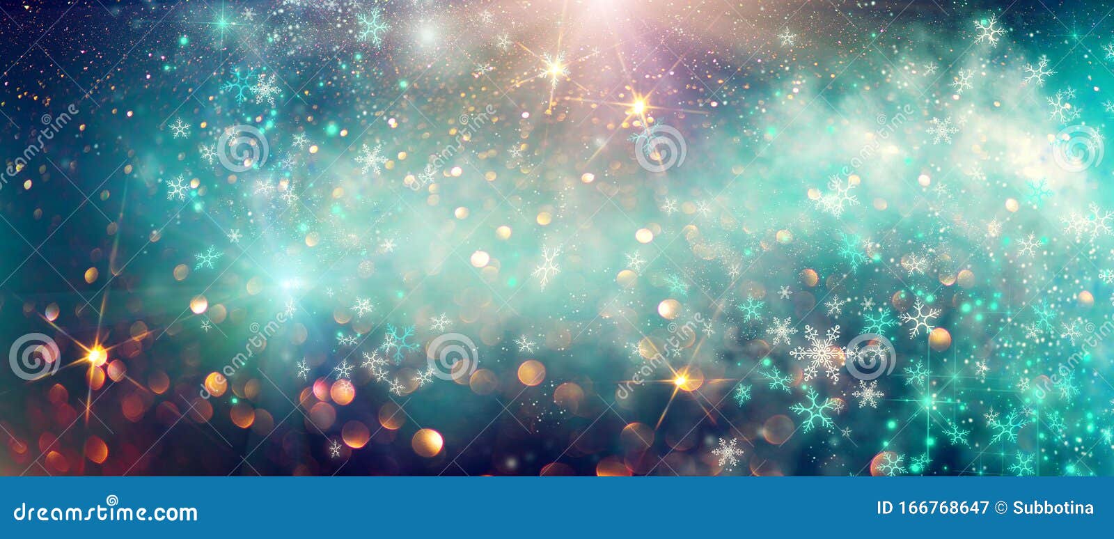 winter christmas and new year glittering snow flakes swirl bokeh background, backdrop with sparkling blue stars, holiday garland