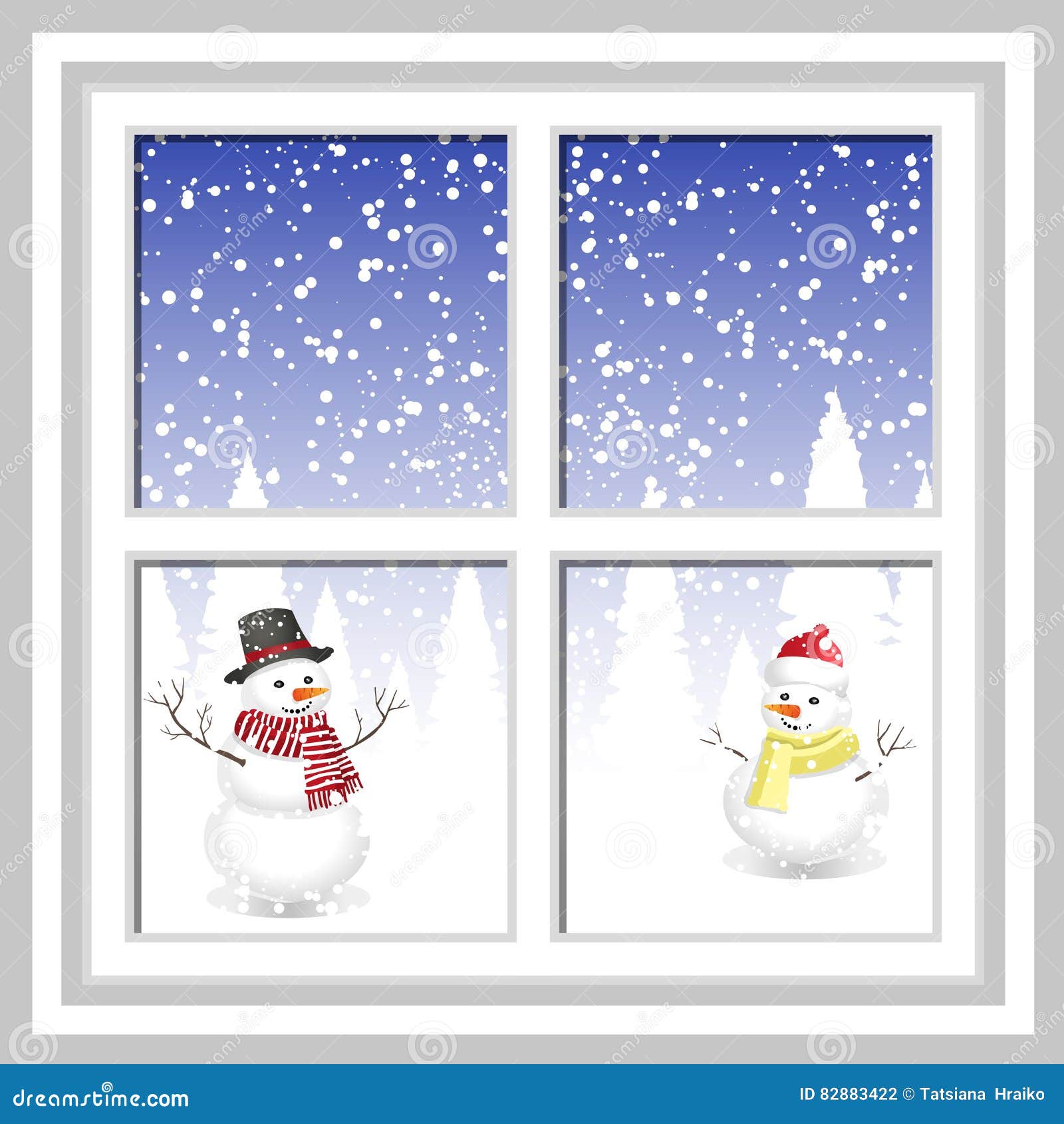Winter Christmas Window with a View of the Snowy Forest. Christmas Card.  Winter Window with the Landscape and Snowman Stock Vector - Illustration of  home, forest: 82883422