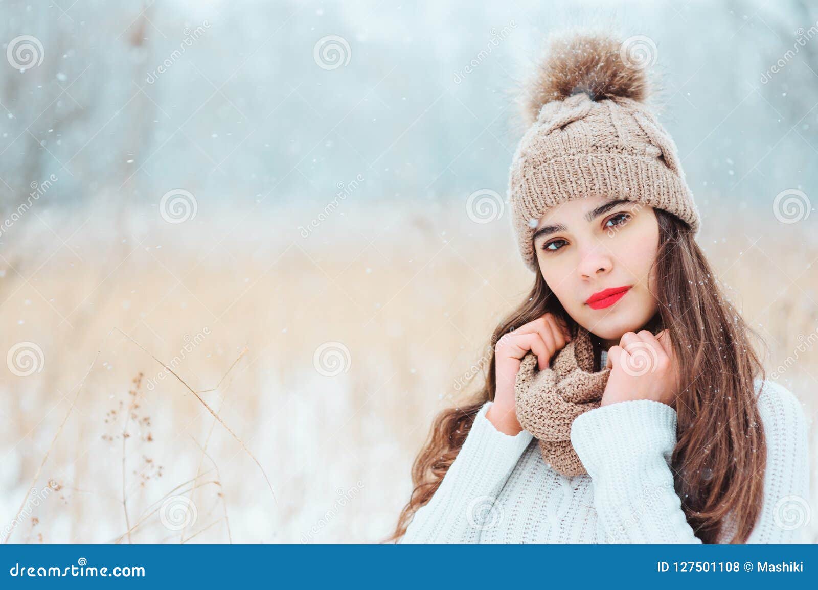 Winter Close Up Portrait of Beautiful Smiling Young Woman in Knitted ...