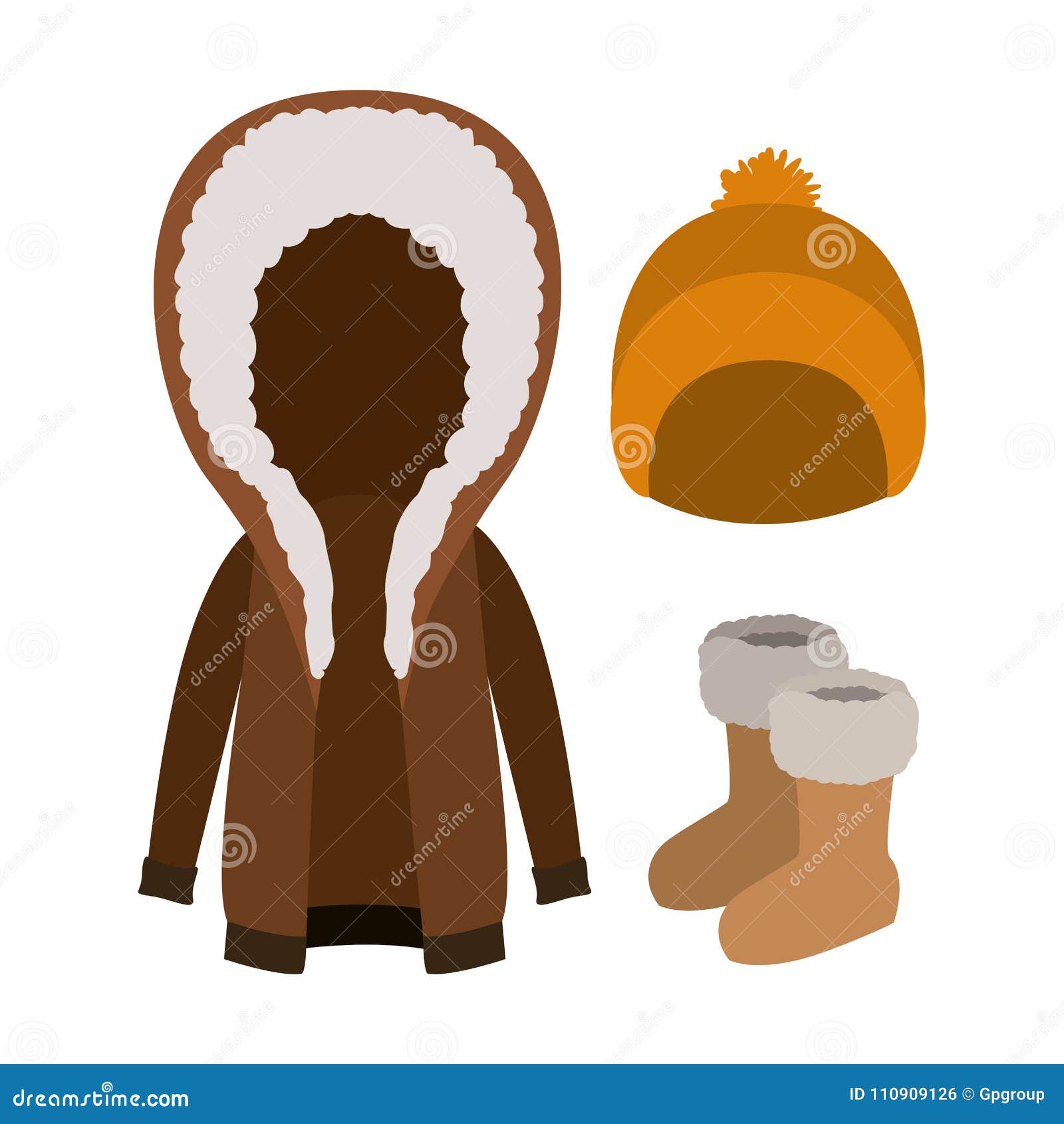 Winter Clothes with Hooded Coat and Wool Cap and Boots Over White ...