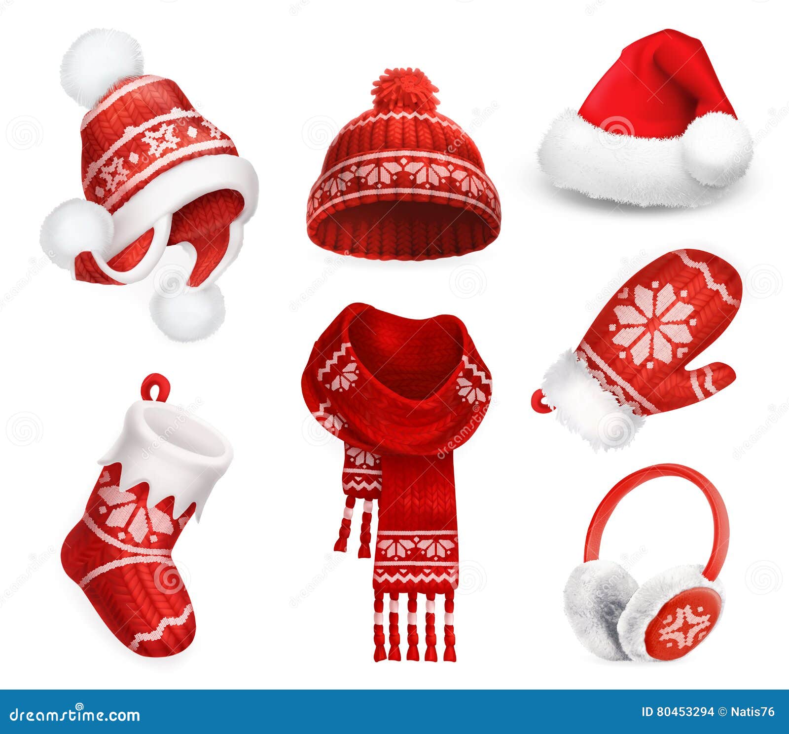 winter clothes. santa stocking cap. knitted hat. christmas sock. scarf. mitten. earmuffs.  icon
