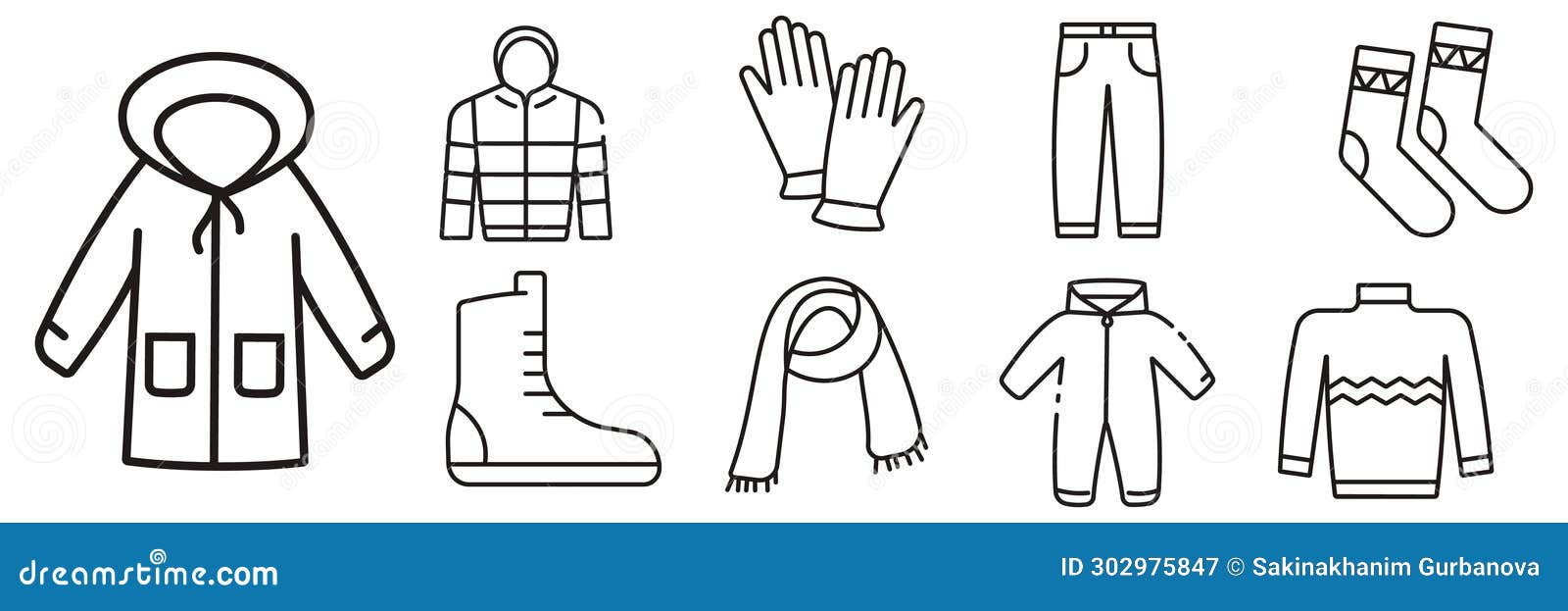 winter clothes, warm clothes  line icons set with white background. thin line style stock