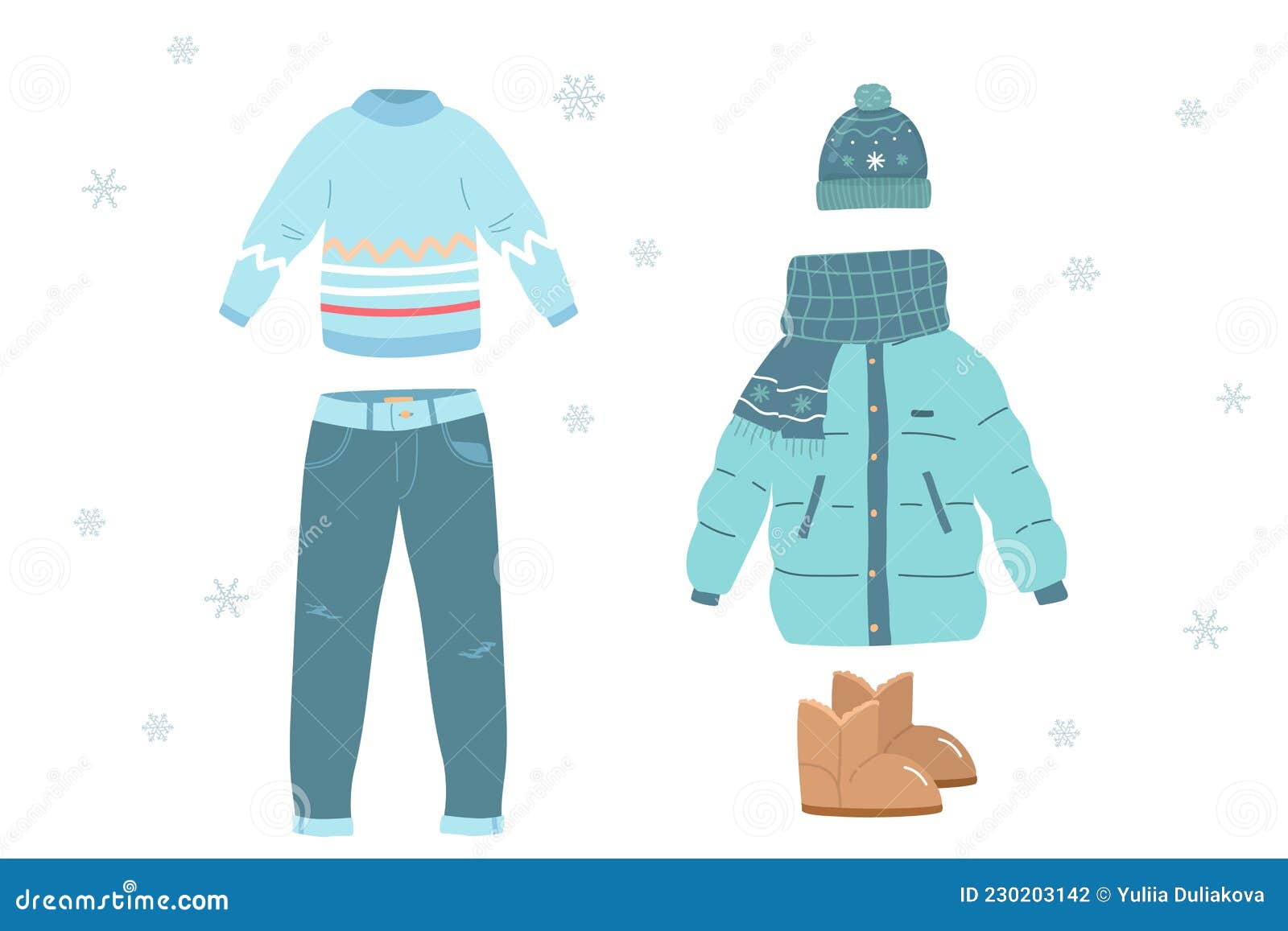 Winter Clothing Set Consisting of Red Winter Jacket, Clothes for Woman,  Pants, Shoes, Hat, Glove, Sweater. Colorful Clothes, Stock Vector -  Illustration of season, flat: 230203142