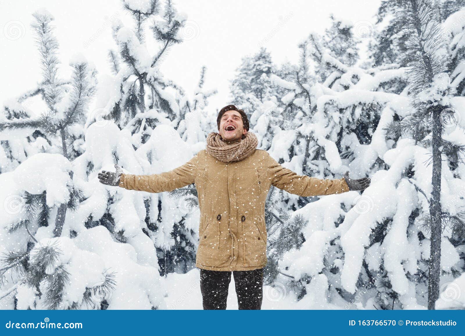 Happy Guy Enjoying Snowfall Standing Spreading Hands In Snowy Forest Stock Photo Image Of Snow