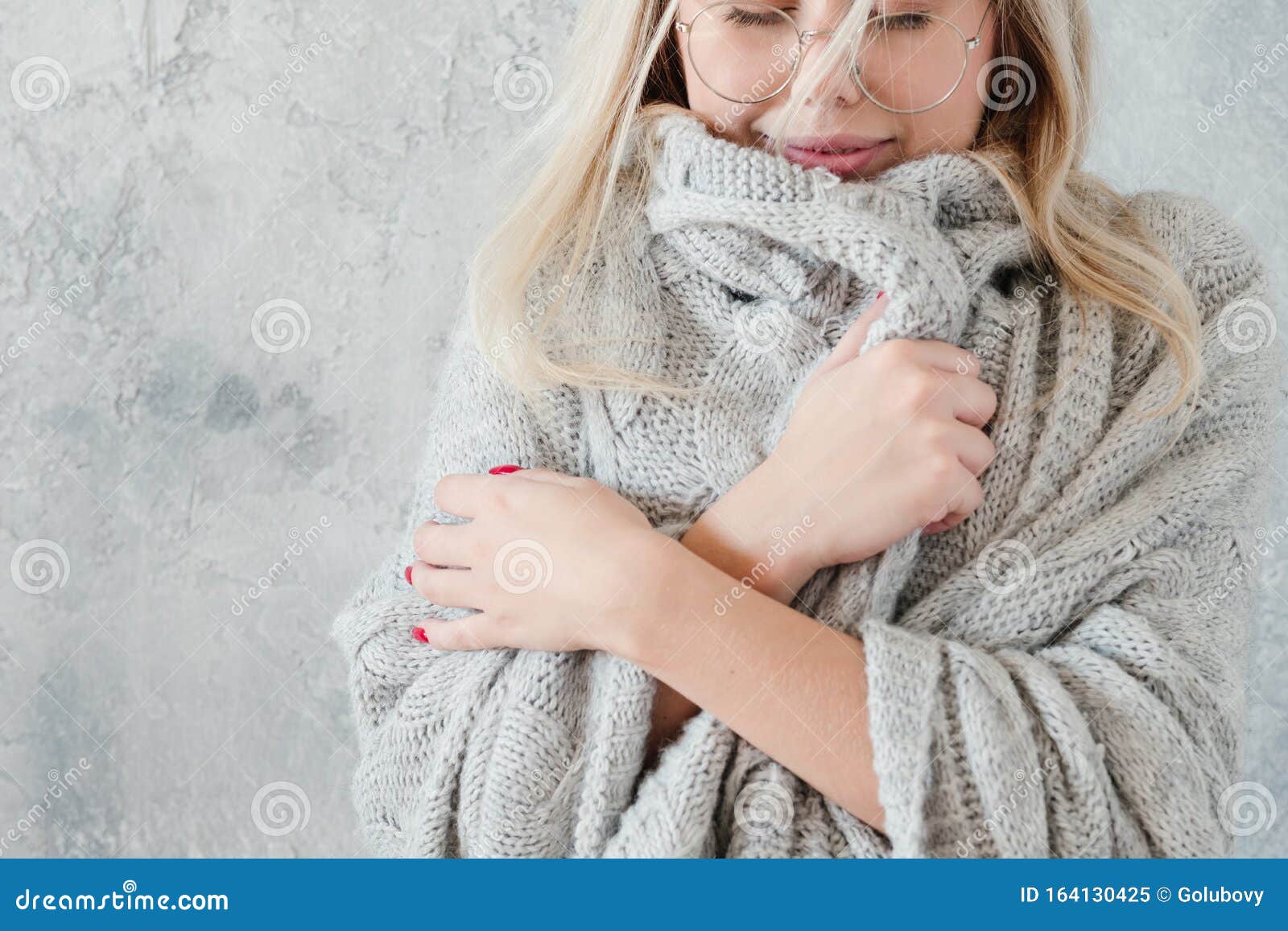 Winter Coziness Peaceful Woman Knitted Blanket Stock Image - Image of