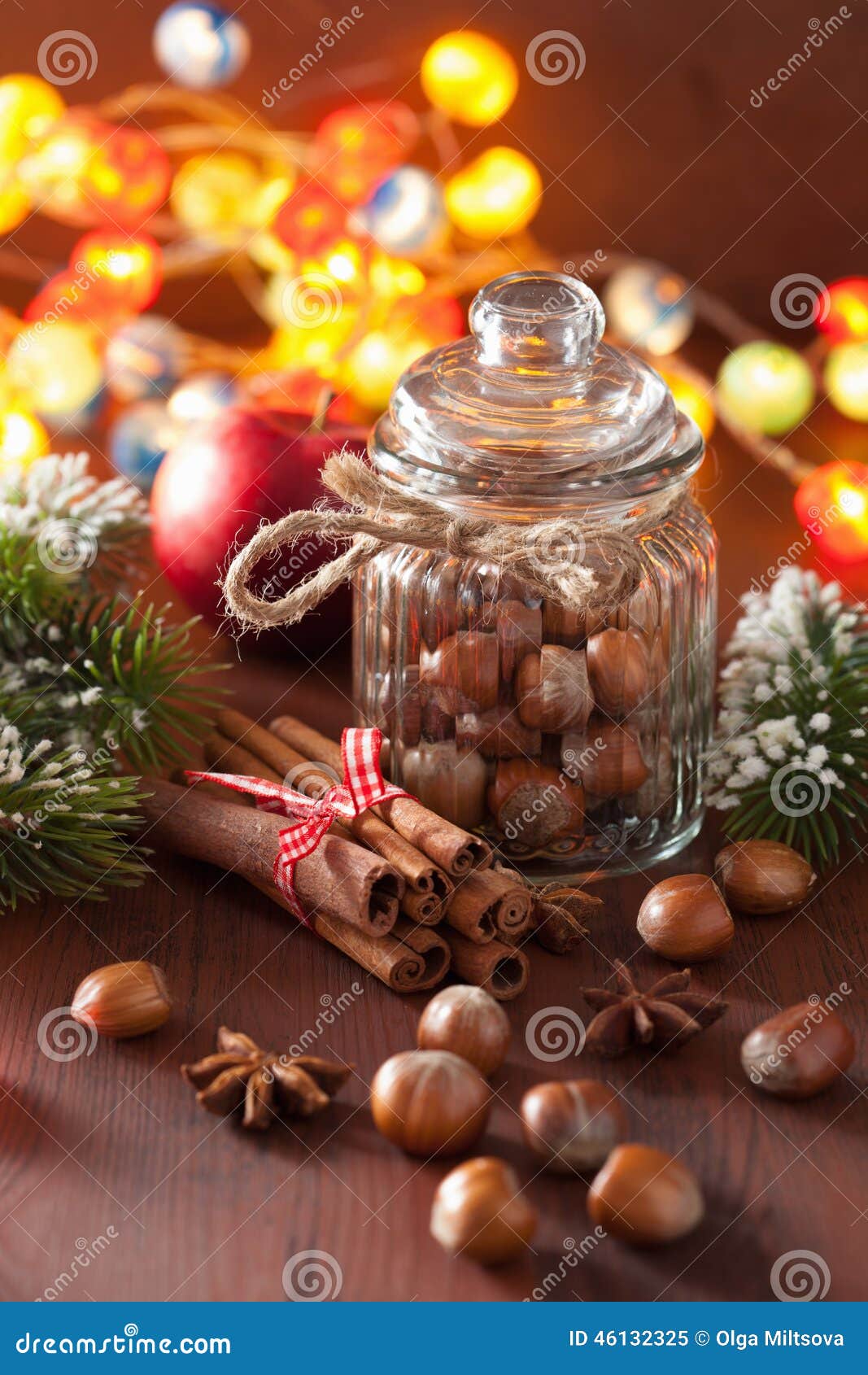 Winter Decoration Spices Cinnamon Christmas Tree Nuts Lights Stock