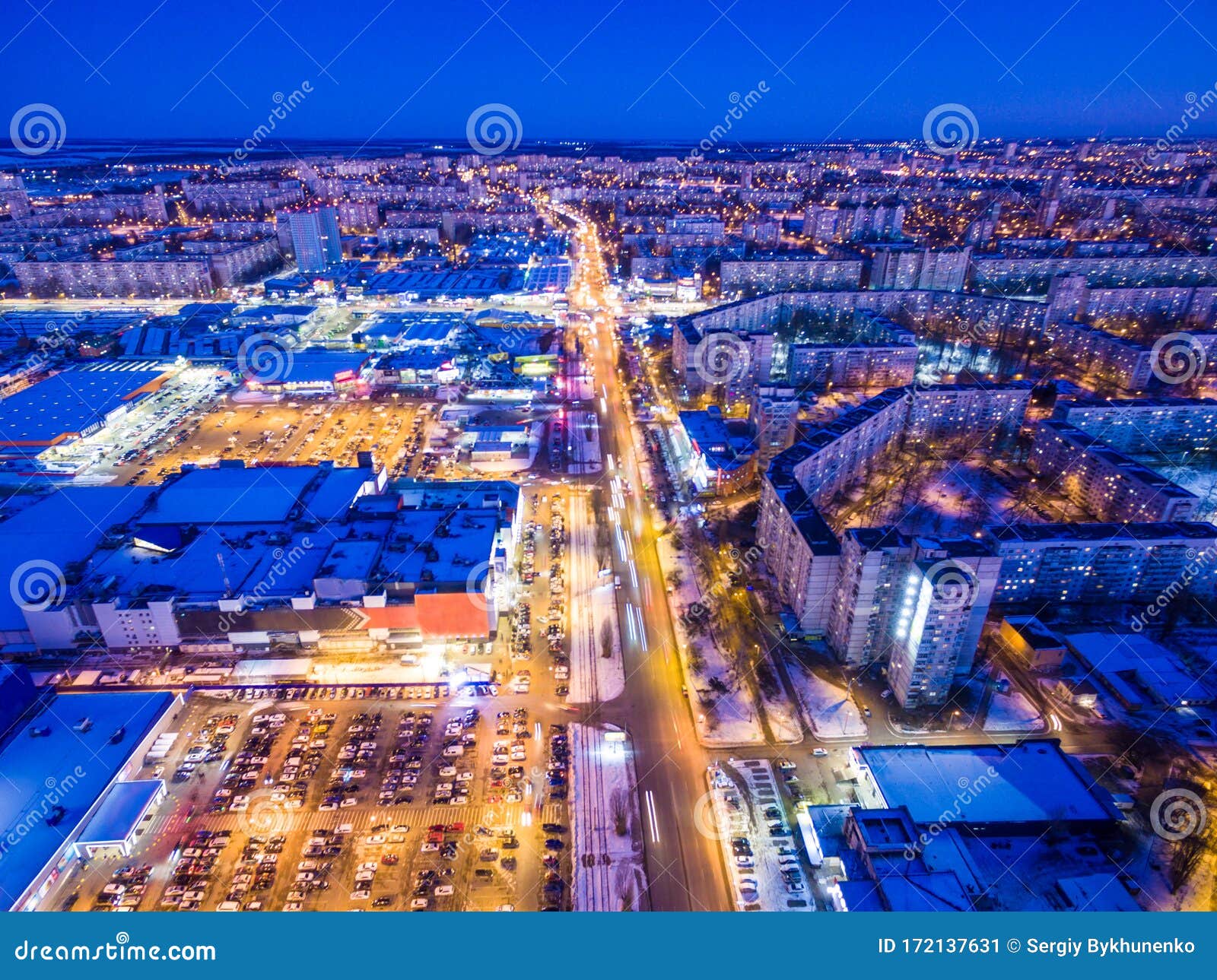 winter evening aerial view to residential area in kharkiv, ukrai