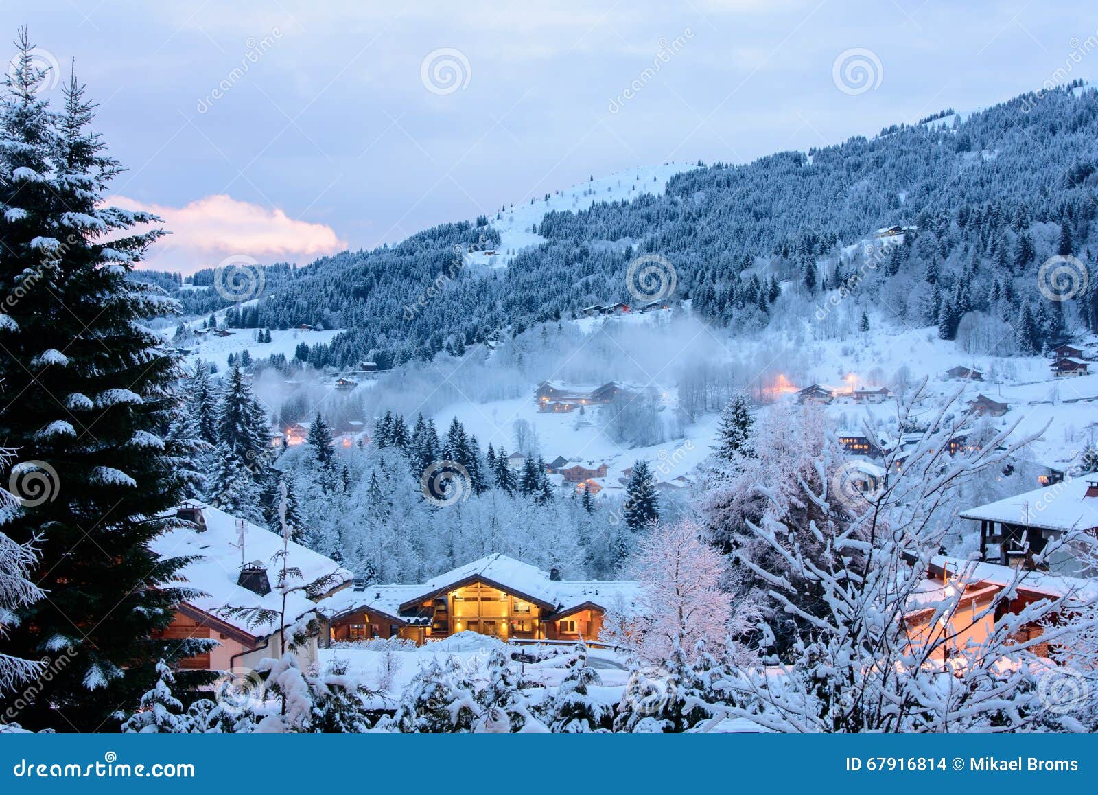 winter evening in french alp valley