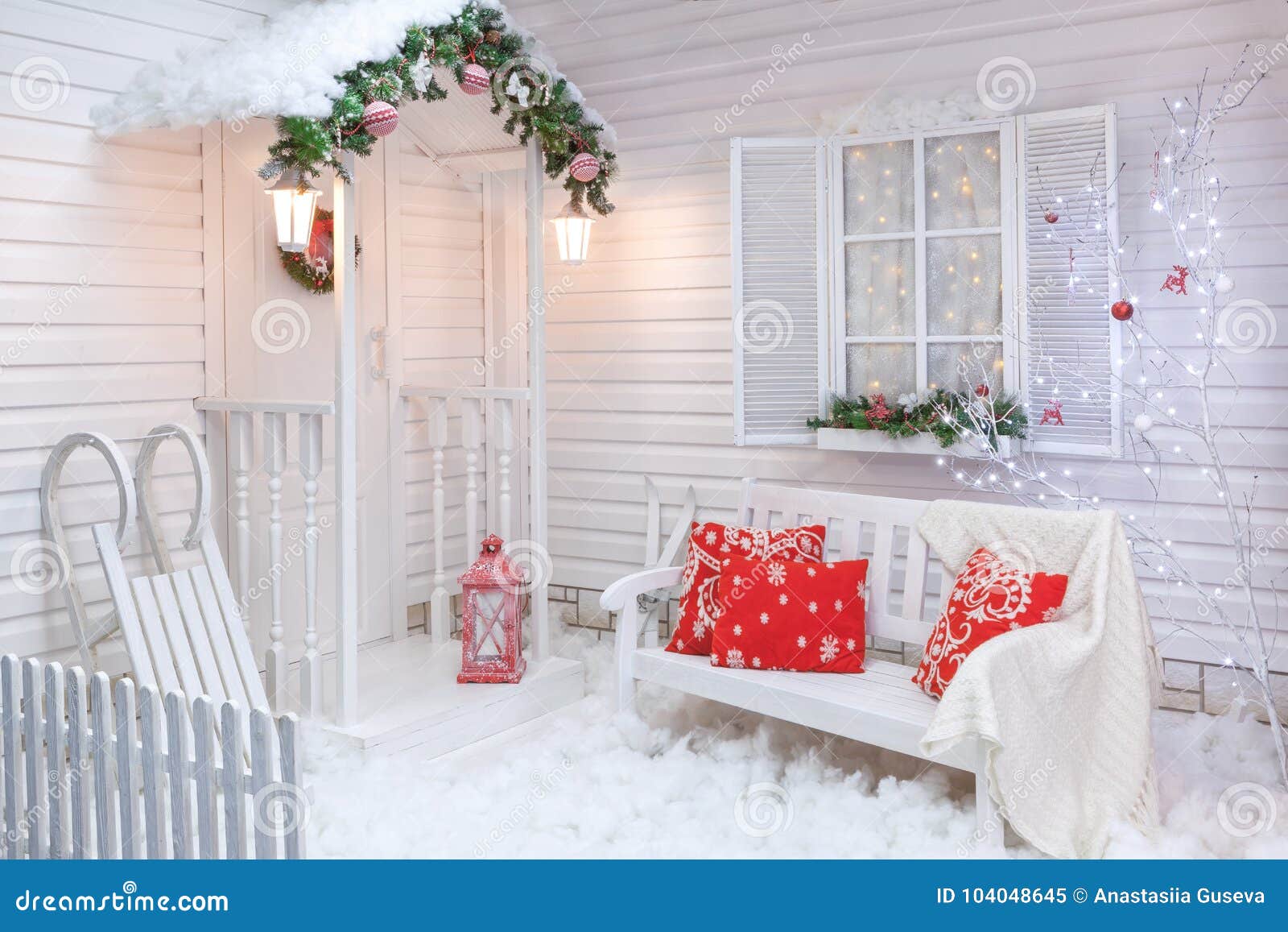 Winter Exterior of a Country House with Christmas Decorations ...