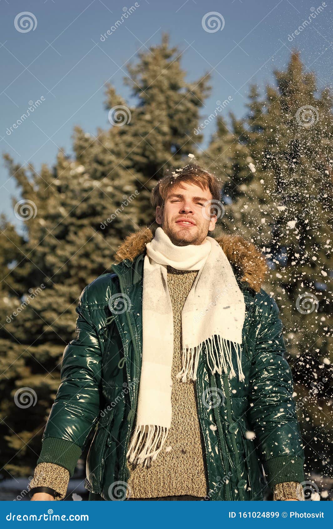 Winter Fashion Concept. Guy Enjoy Sunny Winter Day. Hipster Walk Snowy ...