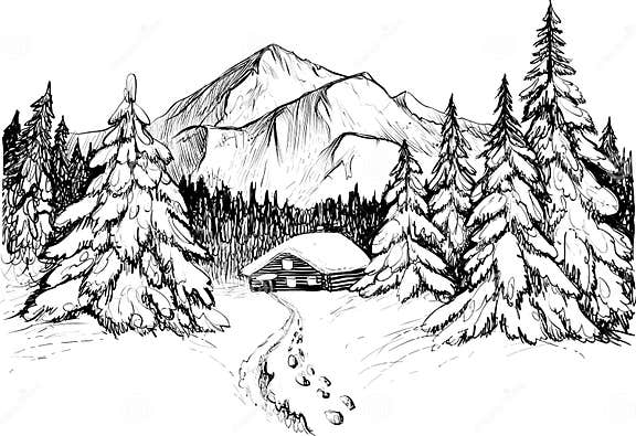 Winter Forest in Mountains Vector Illustration. Snowy Firs and House ...