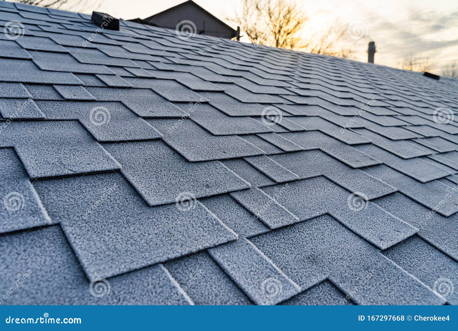 Winter Frost on the Asphalt Roofing Shingles. Stock Photo Image of