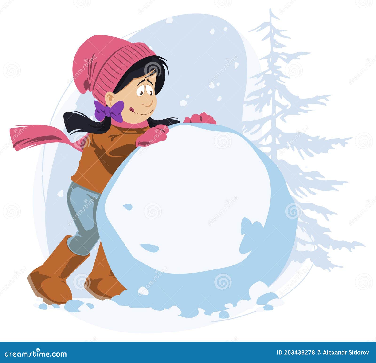 winter fun. girl makes snowman.  for internet and mobile website