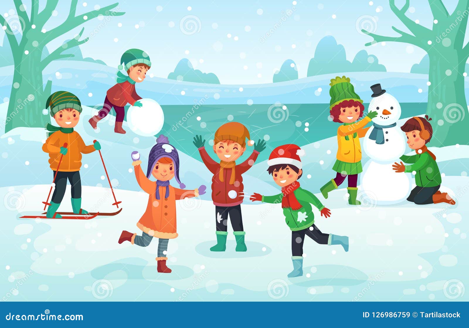 Download Winter Fun For Kids. Happy Cute Children Playing Outdoors In Winters Hats. Christmas Winter ...