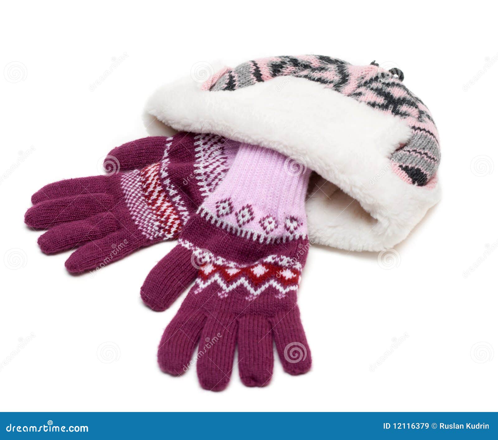 Winter Hat with Fur and Violet Gloves Stock Image Image of white